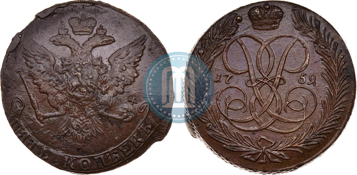 5 копеек 1759 года - цена медной монеты Елизаветы Петровны, стоимость ...
