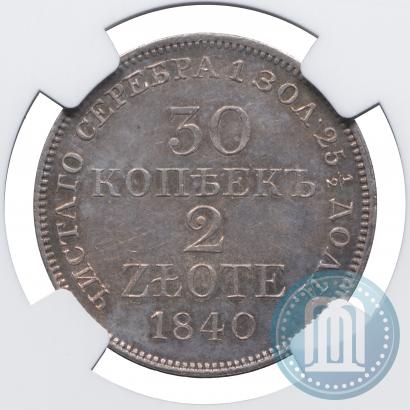 Фото 30 копеек - 2 злотых 1840 года MW 