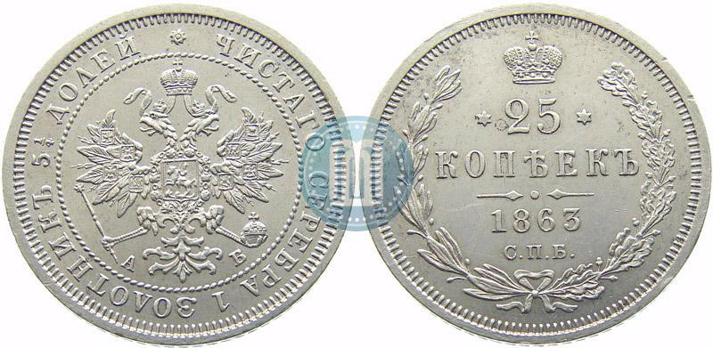 Фото 25 копеек 1863 года СПБ-АБ 