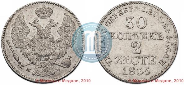 Фото 30 копеек - 2 злотых 1835 года MW 