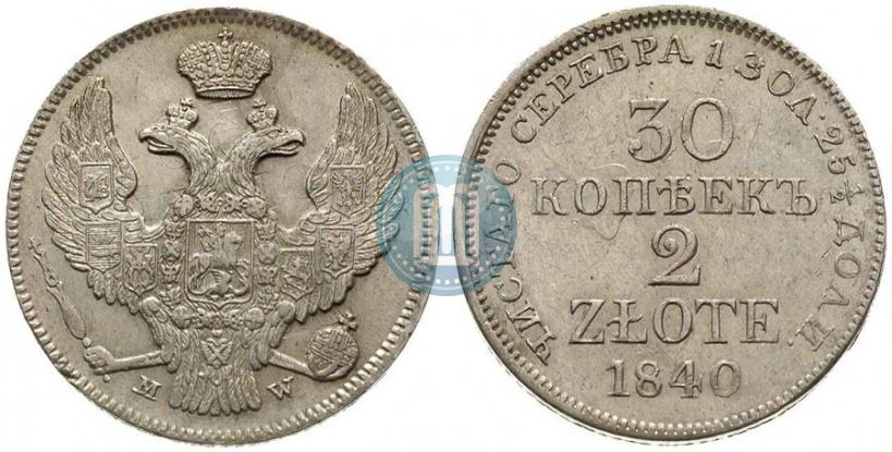 Фото 30 копеек - 2 злотых 1840 года MW 