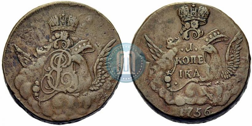 Picture 1 kopeck 1756 year  