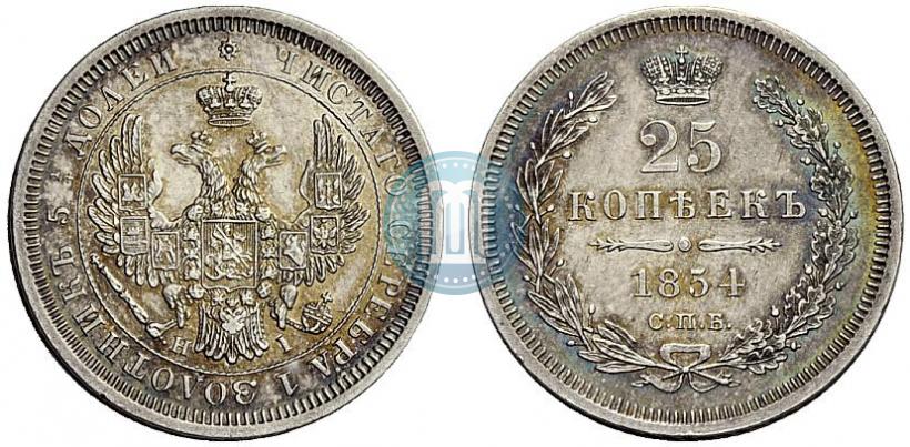 Фото 25 копеек 1854 года СПБ-HI 