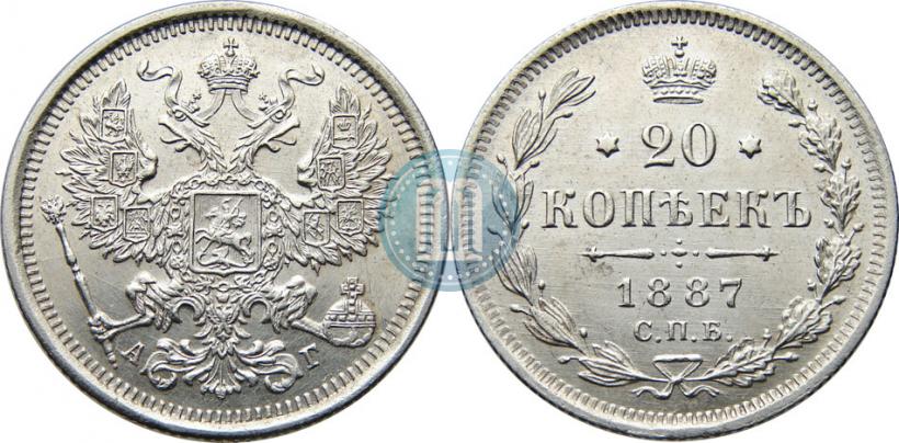 Фото 20 копеек 1887 года СПБ-АГ 