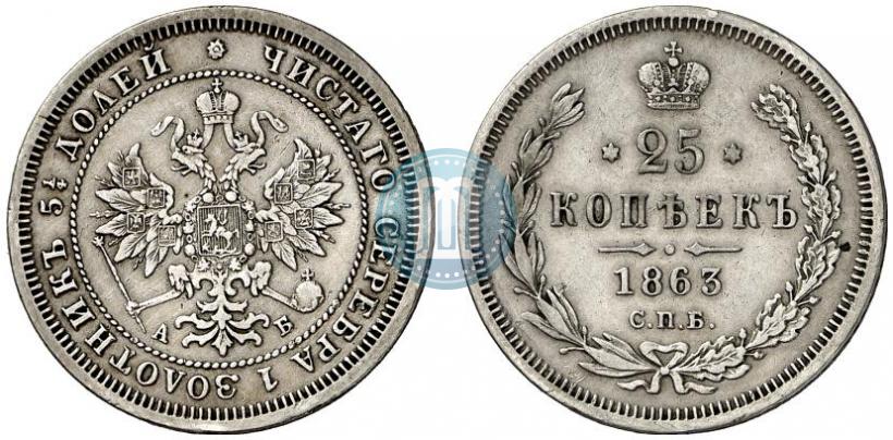 Фото 25 копеек 1863 года СПБ-АБ 