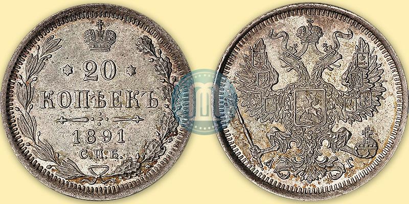 Фото 20 копеек 1891 года СПБ-АГ 