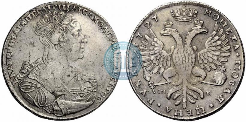 Фото 1 рубль 1727 года СПБ "Петербургский тип, портрет вправо"