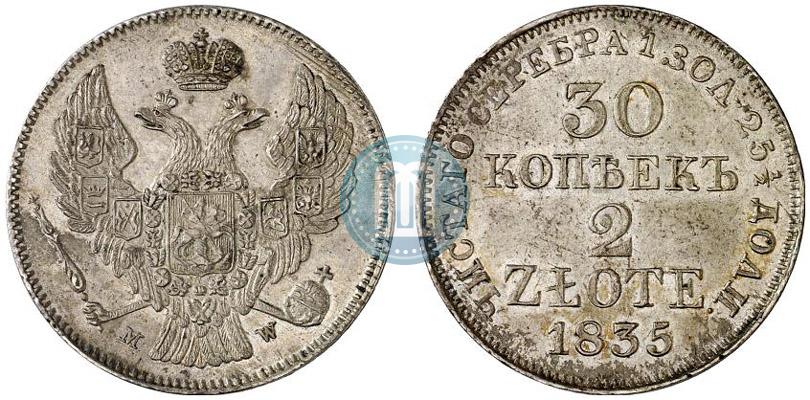 Фото 30 копеек - 2 злотых 1835 года MW 