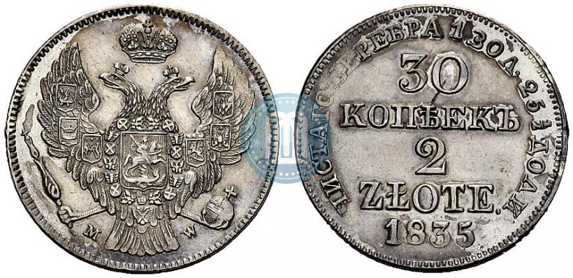 Фото 30 копеек - 2 злотых 1835 года MW 