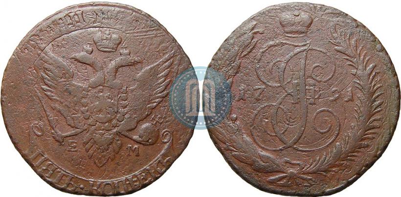 Picture 5 kopecks 1791 year ЕМ "Paul's restrike"
