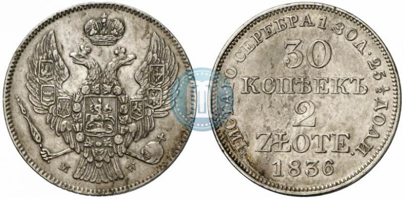 Фото 30 копеек - 2 злотых 1836 года MW 