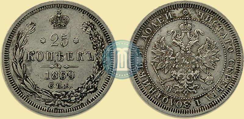 Фото 25 копеек 1869 года СПБ-НІ 