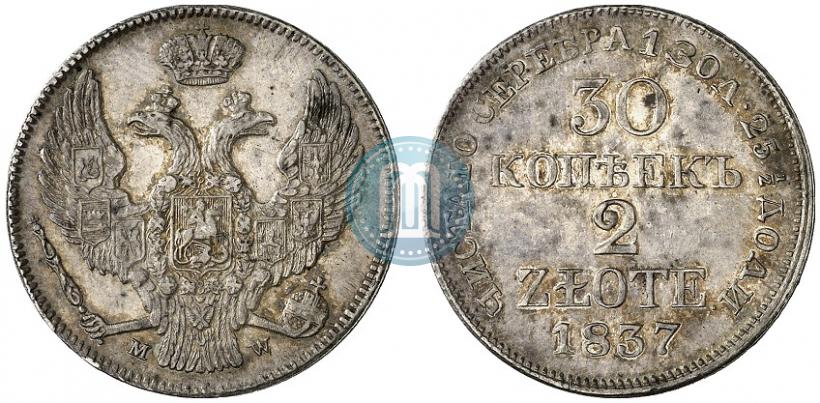 Фото 30 копеек - 2 злотых 1837 года MW 