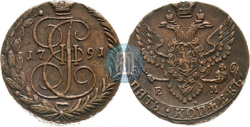 Picture 5 kopecks 1791 year ЕМ 