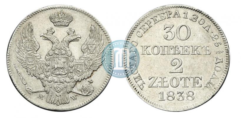Фото 30 копеек - 2 злотых 1838 года MW 