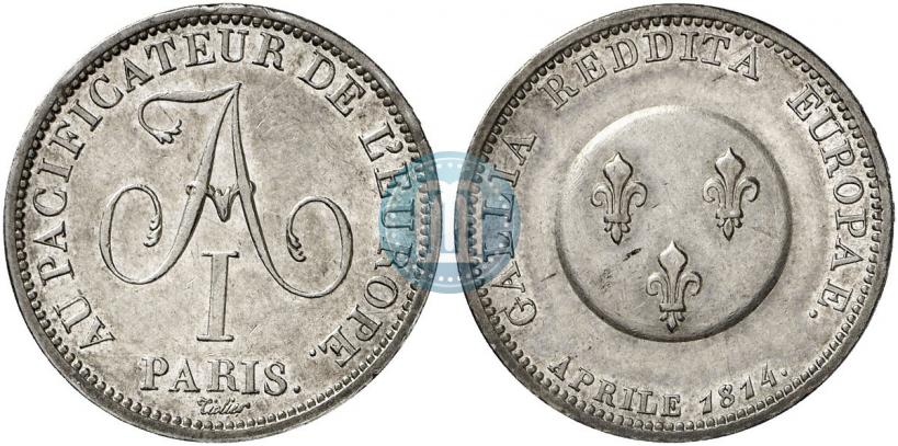 Фото 2 франка 1814 года  "В честь Императора Александра I"