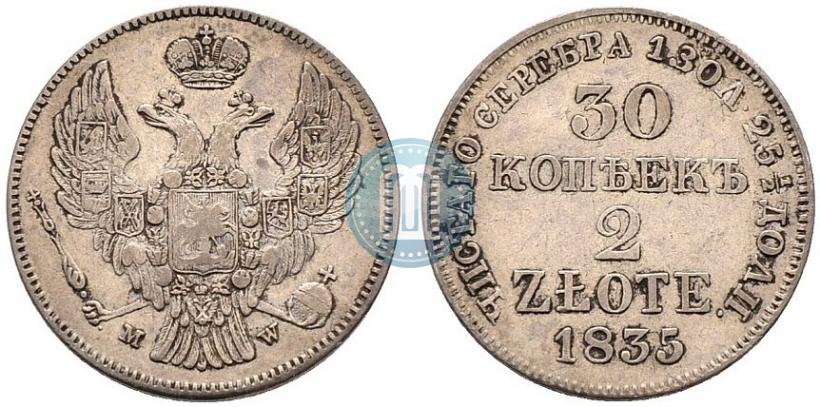 Фото 30 копеек - 2 злотых 1835 года MW 