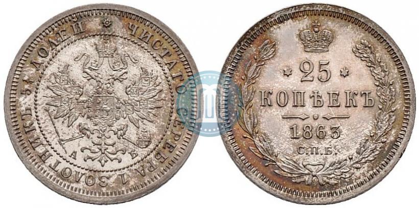 Фото 25 копеек 1863 года СПБ-АБ 