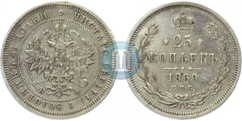 Фото 25 копеек 1869 года СПБ-НІ 