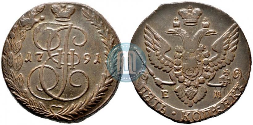 Picture 5 kopecks 1791 year ЕМ 