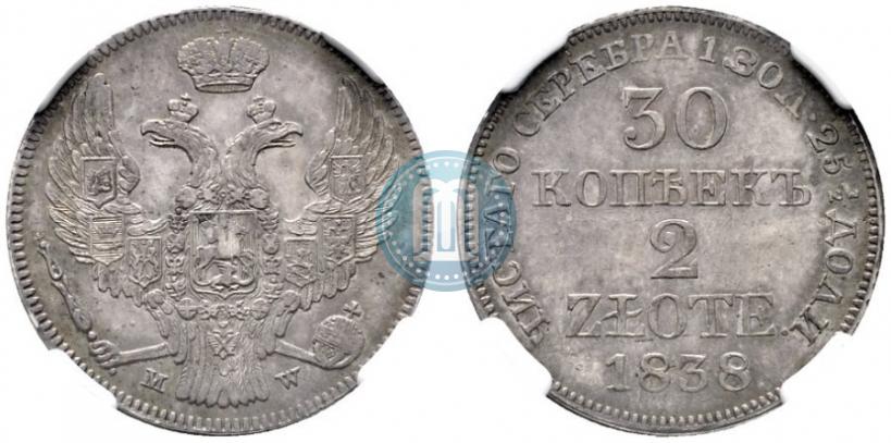 Фото 30 копеек - 2 злотых 1838 года MW 
