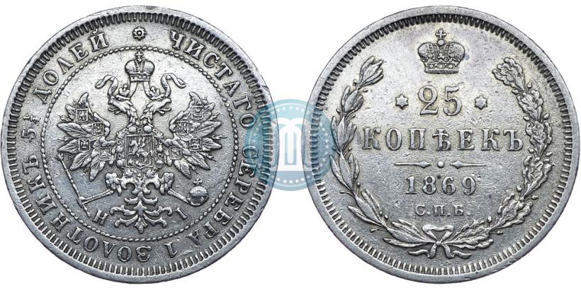 Фото 25 копеек 1869 года СПБ-НІ 