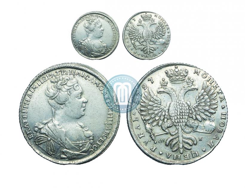 Фото 1 рубль 1727 года СПБ "Петербургский тип, портрет вправо"