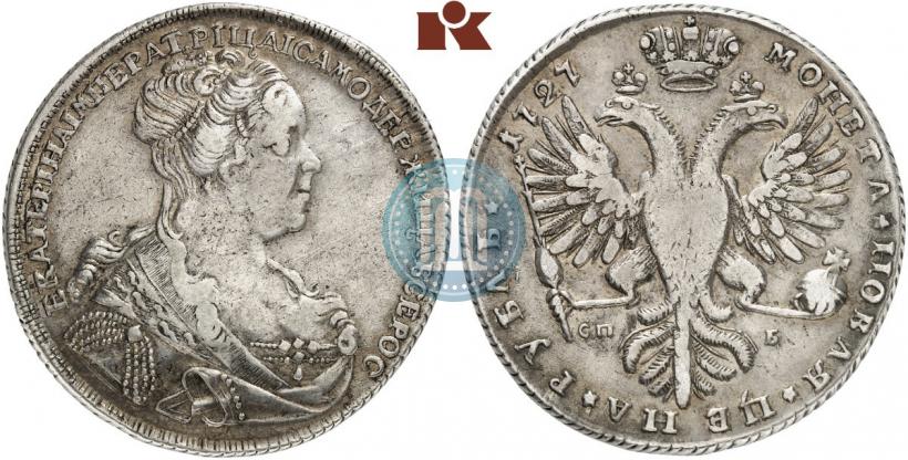 Фото 1 рубль 1727 года СПБ "Петербургский тип, портрет вправо"