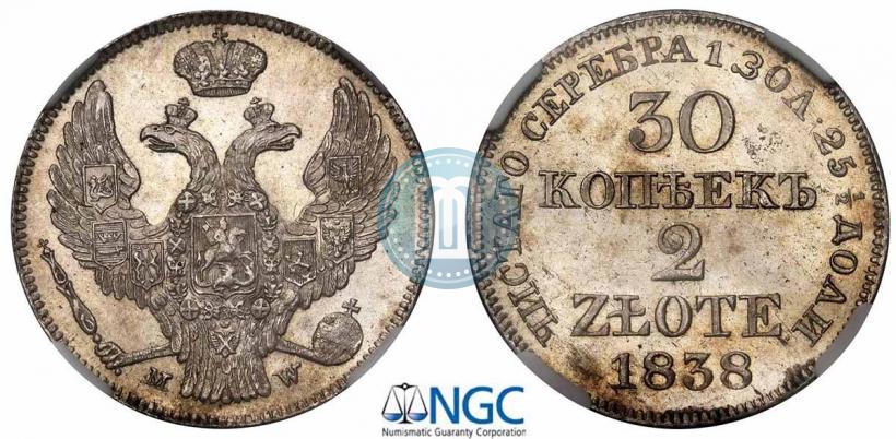 Фото 30 копеек - 2 злотых 1838 года MW 