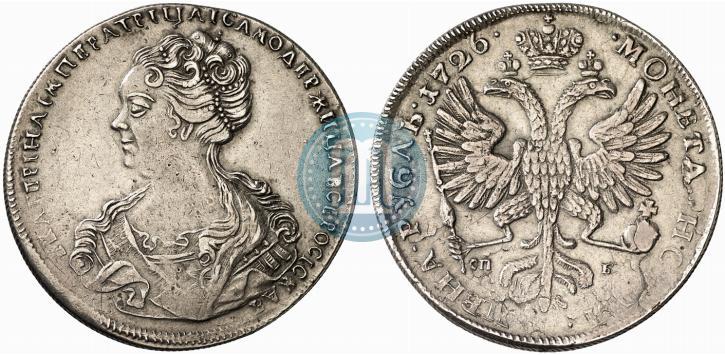 Фото 1 рубль 1726 года СПБ "Петербургский тип, портрет влево"