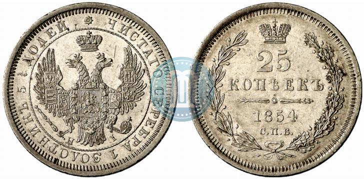 Фото 25 копеек 1854 года СПБ-HI 
