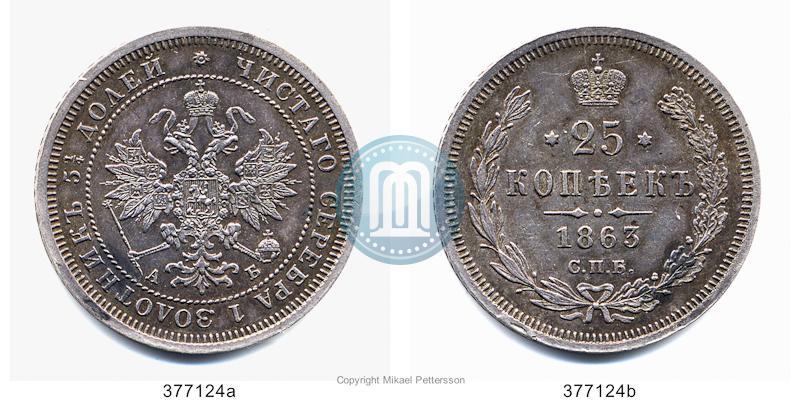 Фото 25 копеек 1863 года СПБ-АБ 