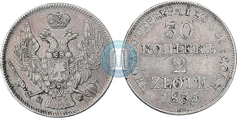 Фото 30 копеек - 2 злотых 1835 года MW 
