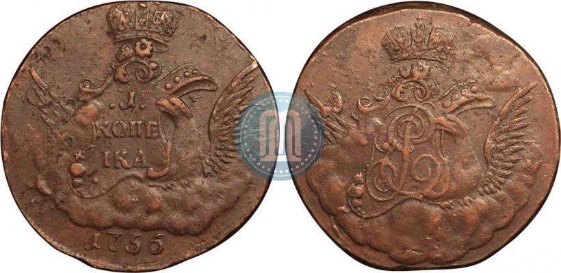 Фото 1 копейка 1756 года ММД 