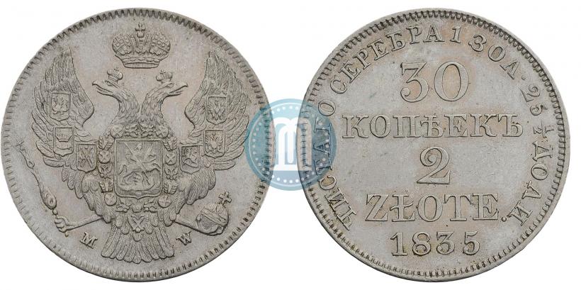 Фото 30 копеек - 2 злотых 1836 года MW 