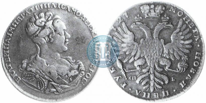Фото 1 рубль 1727 года СПБ "Петербургский тип, портрет вправо"