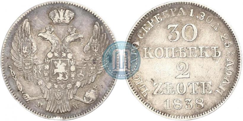 Фото 30 копеек - 2 злотых 1838 года MW 