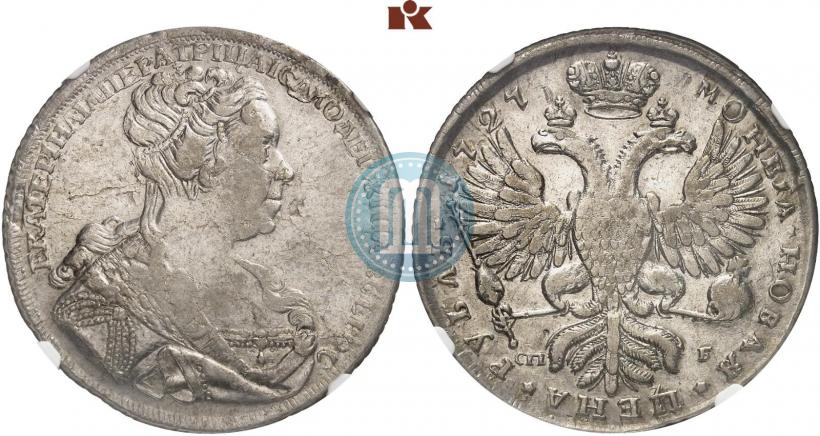 Фото 1 рубль 1727 года СПБ "Петербургский тип, портрет вправо"