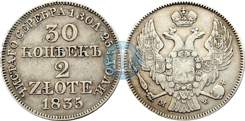 Фото 30 копеек - 2 злотых 1835 года MW 