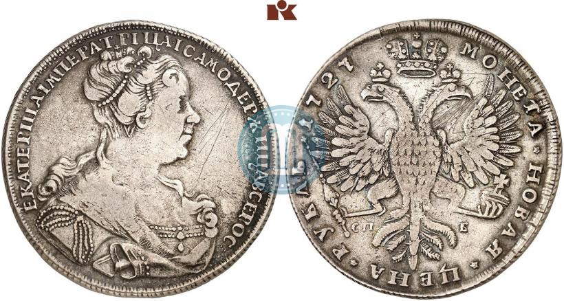 Фото 1 рубль 1727 года СПБ "Петербургский тип, портрет вправо"