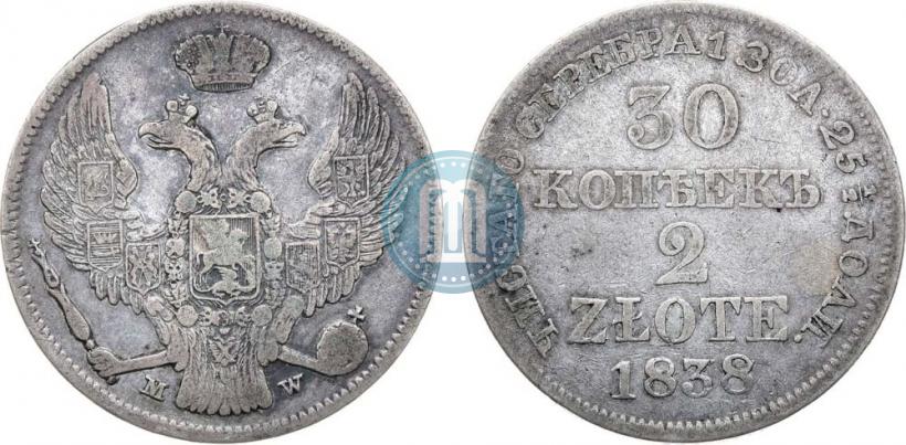 Фото 30 копеек - 2 злотых 1838 года MW 