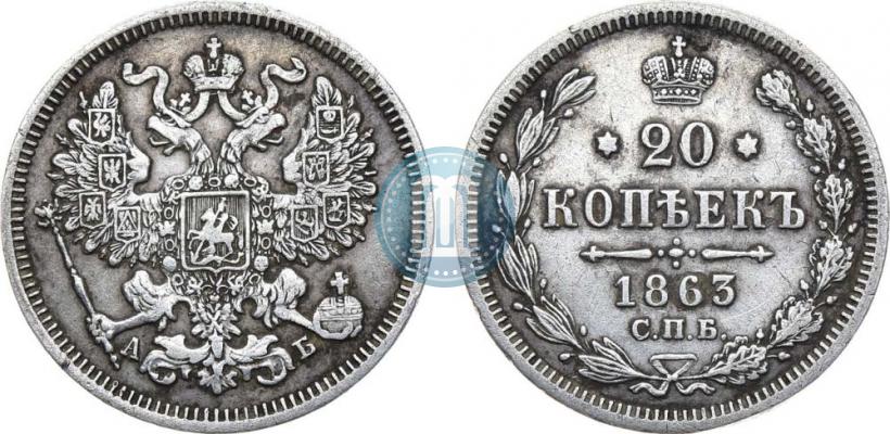 Picture 20 kopecks 1863 year СПБ-АБ 