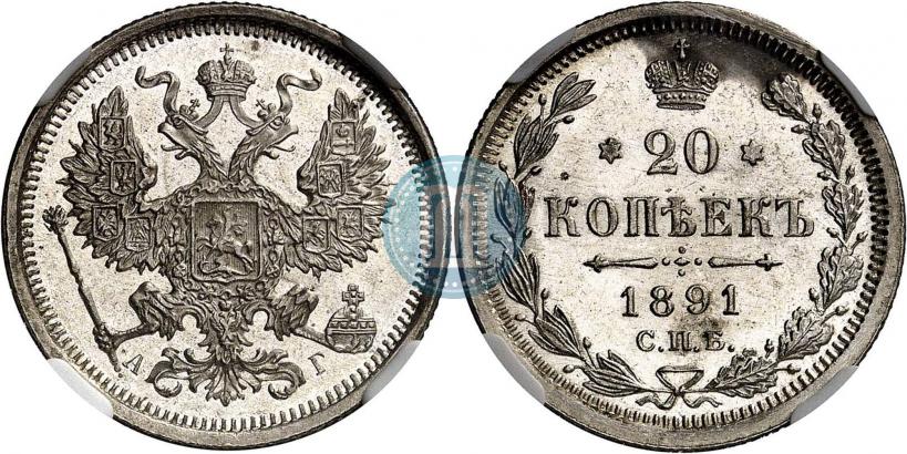 Picture 20 kopecks 1891 year СПБ-АГ 