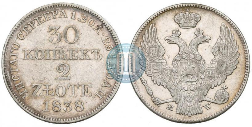 Фото 30 копеек - 2 злотых 1838 года MW 