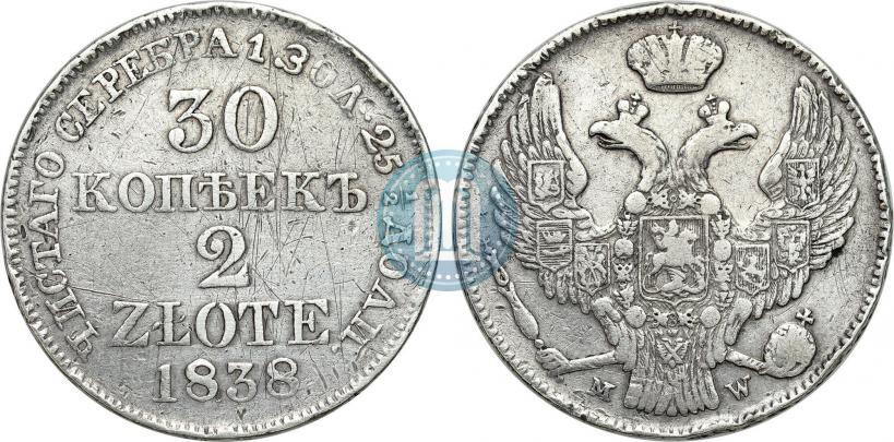 Фото 30 копеек - 2 злотых 1838 года MW 