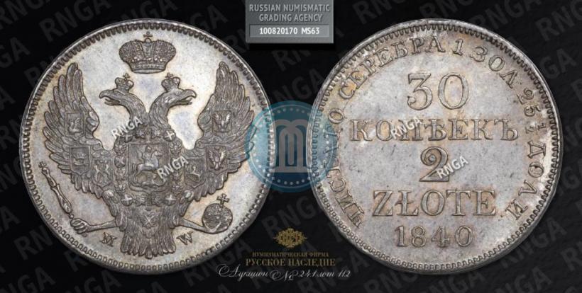 Фото 30 копеек - 2 злотых 1840 года MW 