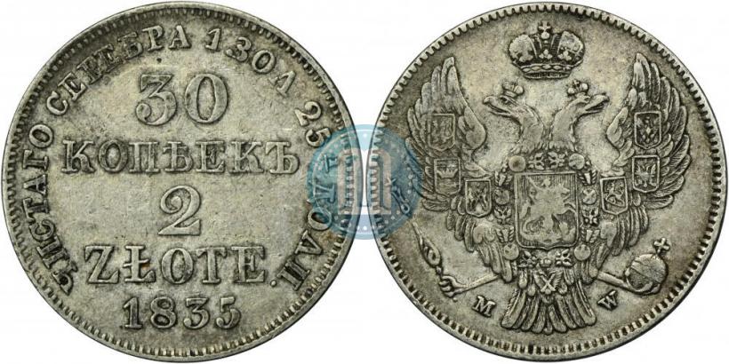 Фото 30 копеек - 2 злотых 1835 года MW 