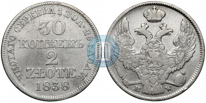 Фото 30 копеек - 2 злотых 1838 года MW 