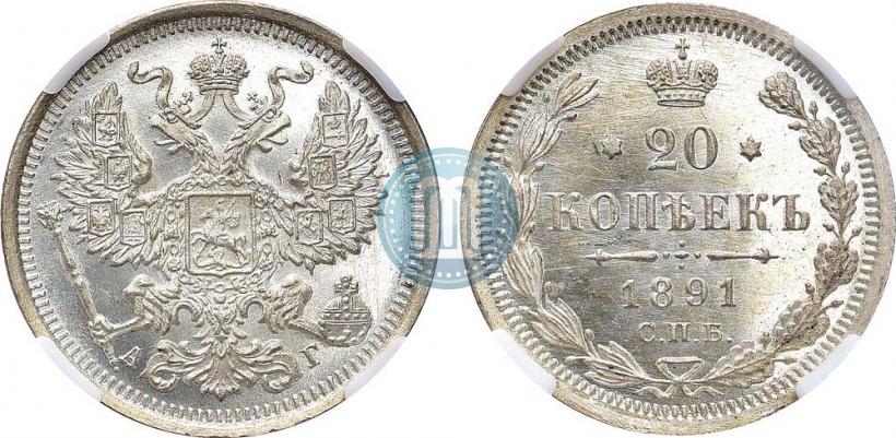 Picture 20 kopecks 1891 year СПБ-АГ 