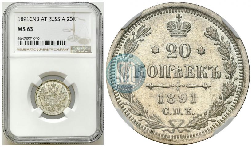 Picture 20 kopecks 1891 year СПБ-АГ 